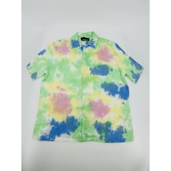 All Saints Other - All Saints Pilar Tye Dye Linen Blend Camp Shirt in Chartreuse Green - Medium
